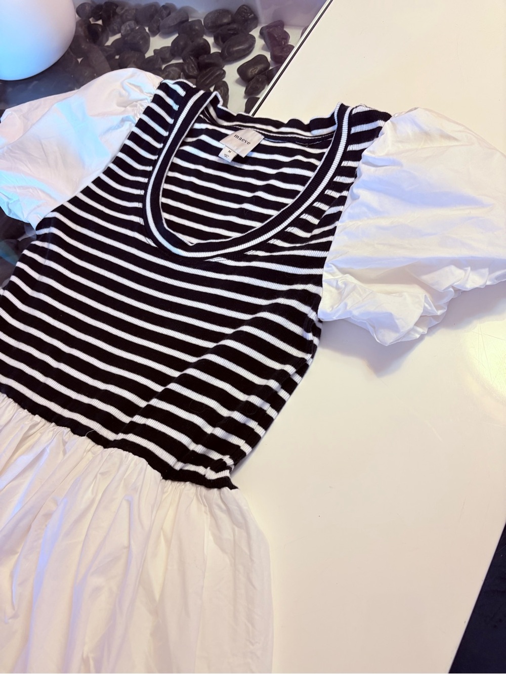 Maeve Striped Bodice Puff-Sleeve Midi Dress in White and Black - Picture 5 of 15
